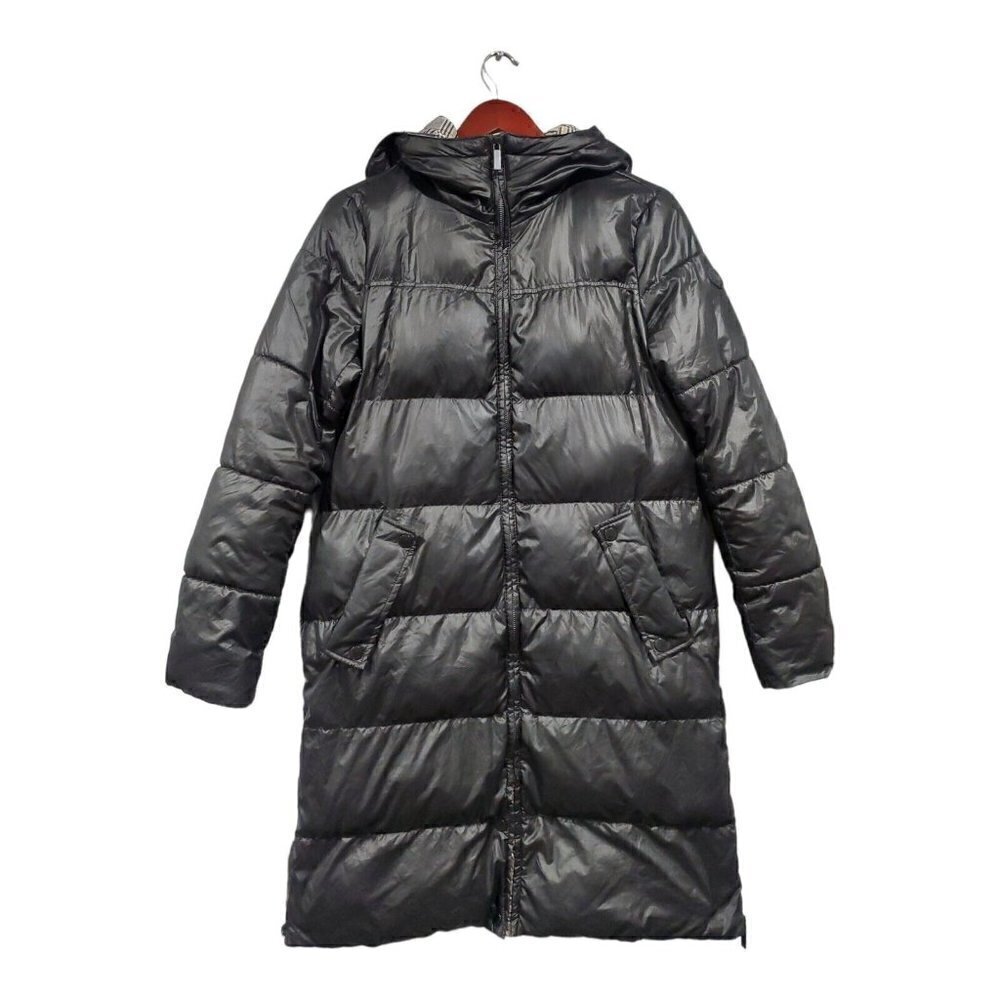 French Connection Women's Black Puffer Trench Coat Plaid Accents Full-Zip Sz M